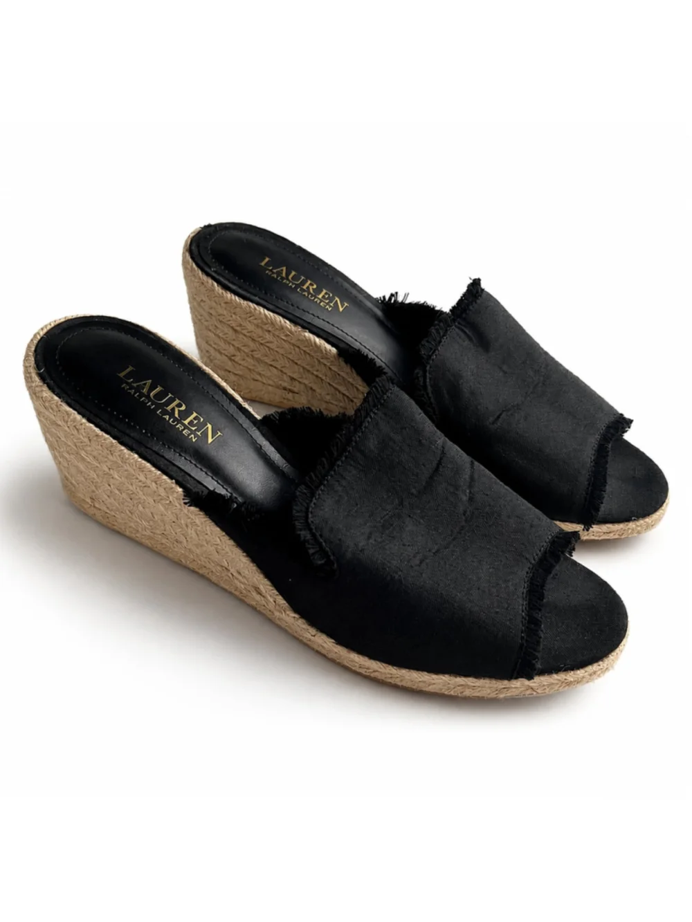 Lauren Ralph Lauren Carlynda Black Linen Wedge Espadrille Sandals Sz 9 Peep Toe